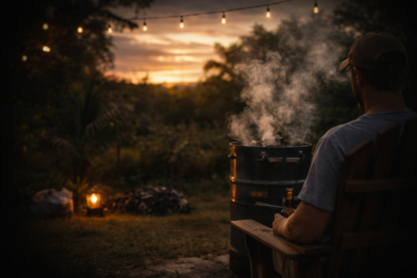 Person sitting by a campfire with a grill and string lights at sunset